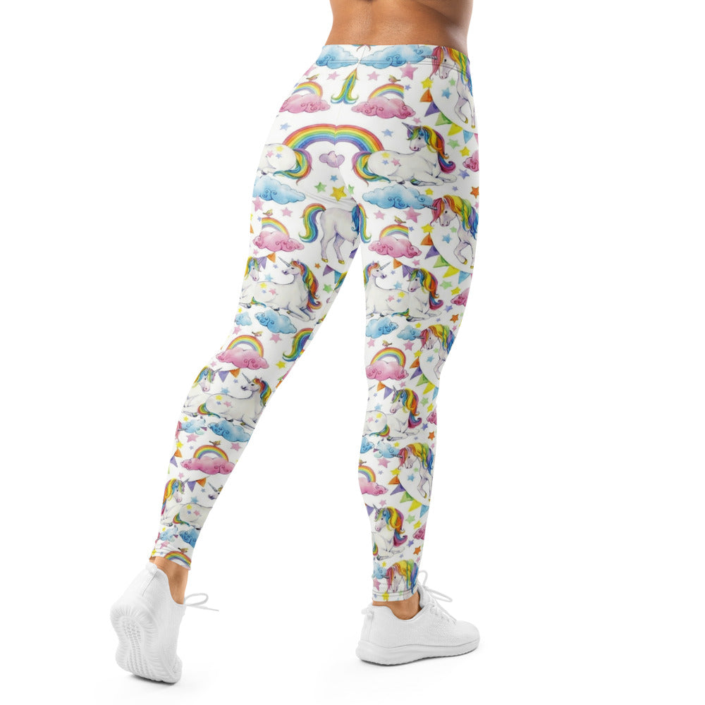 Personalisierte Damen Sportleggings Einhorn Regenbogen Design Weiß Bunt Fitness Yoga Leggings W622