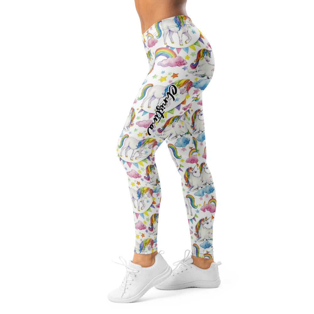 Personalisierte Damen Sportleggings Einhorn Regenbogen Design Weiß Bunt Fitness Yoga Leggings W622