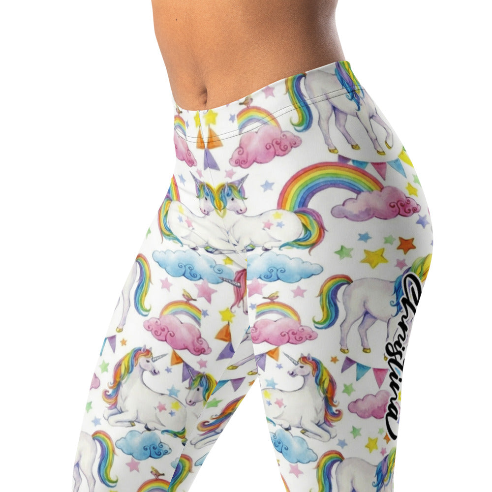Personalisierte Damen Sportleggings Einhorn Regenbogen Design Weiß Bunt Fitness Yoga Leggings W622