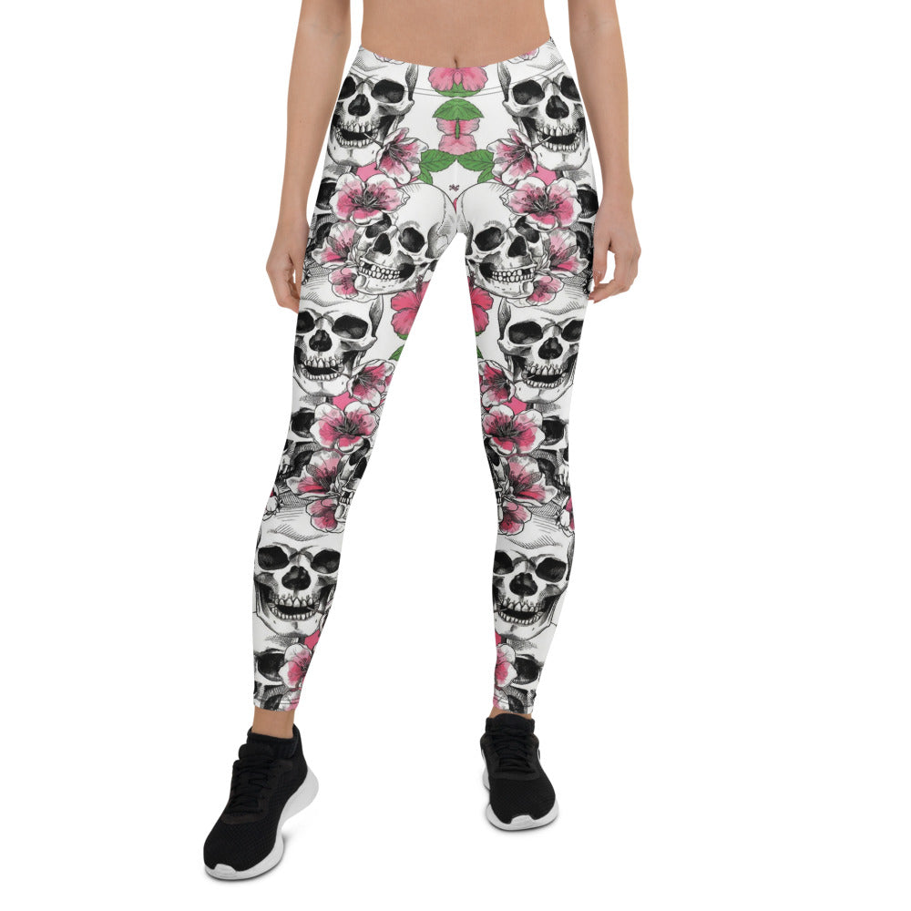 Personalisierte Damen Sportleggings Totenkopf & Hibiskus Muster Weiß Pink Fitness Yoga Leggings G884