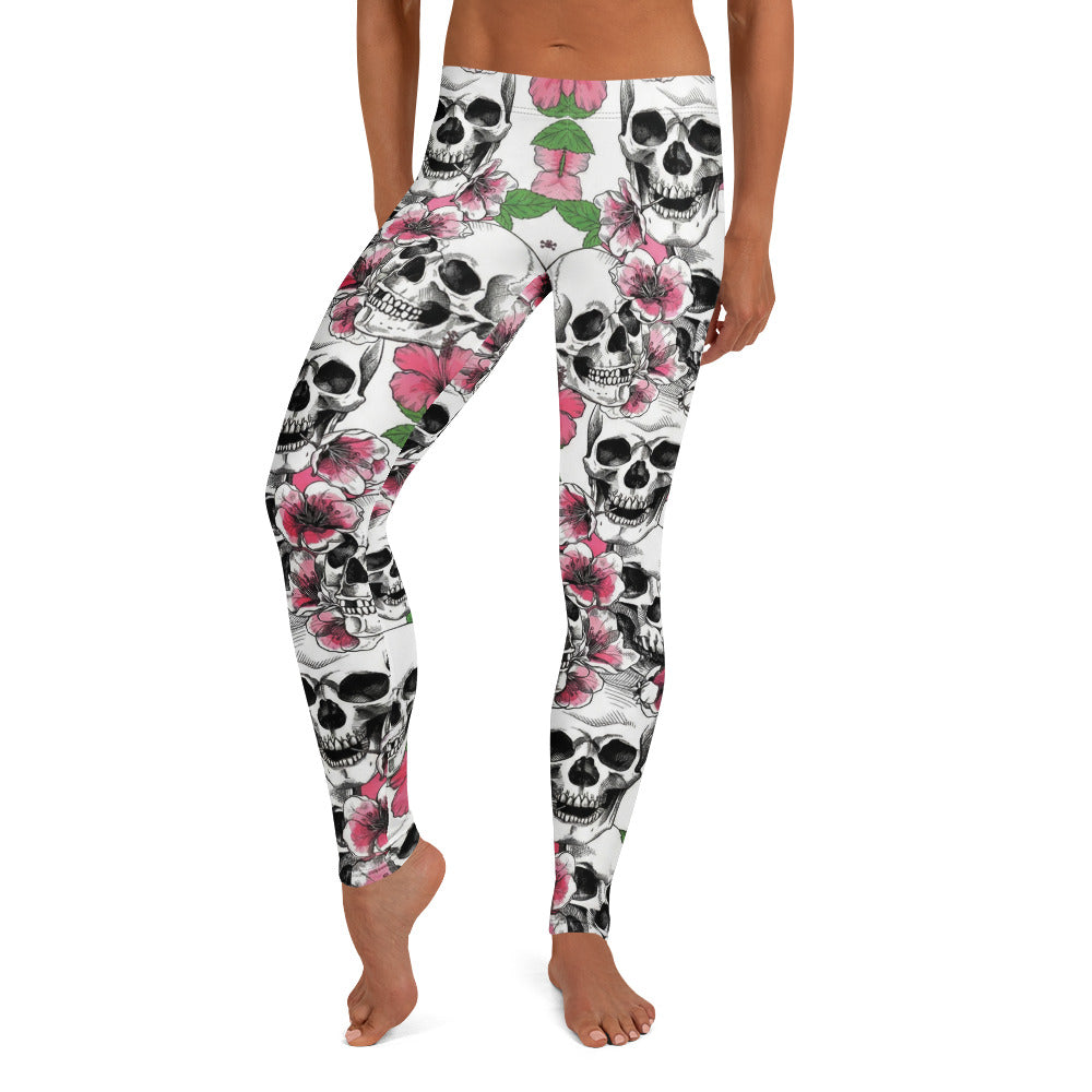 Personalisierte Damen Sportleggings Totenkopf & Hibiskus Muster Weiß Pink Fitness Yoga Leggings G884