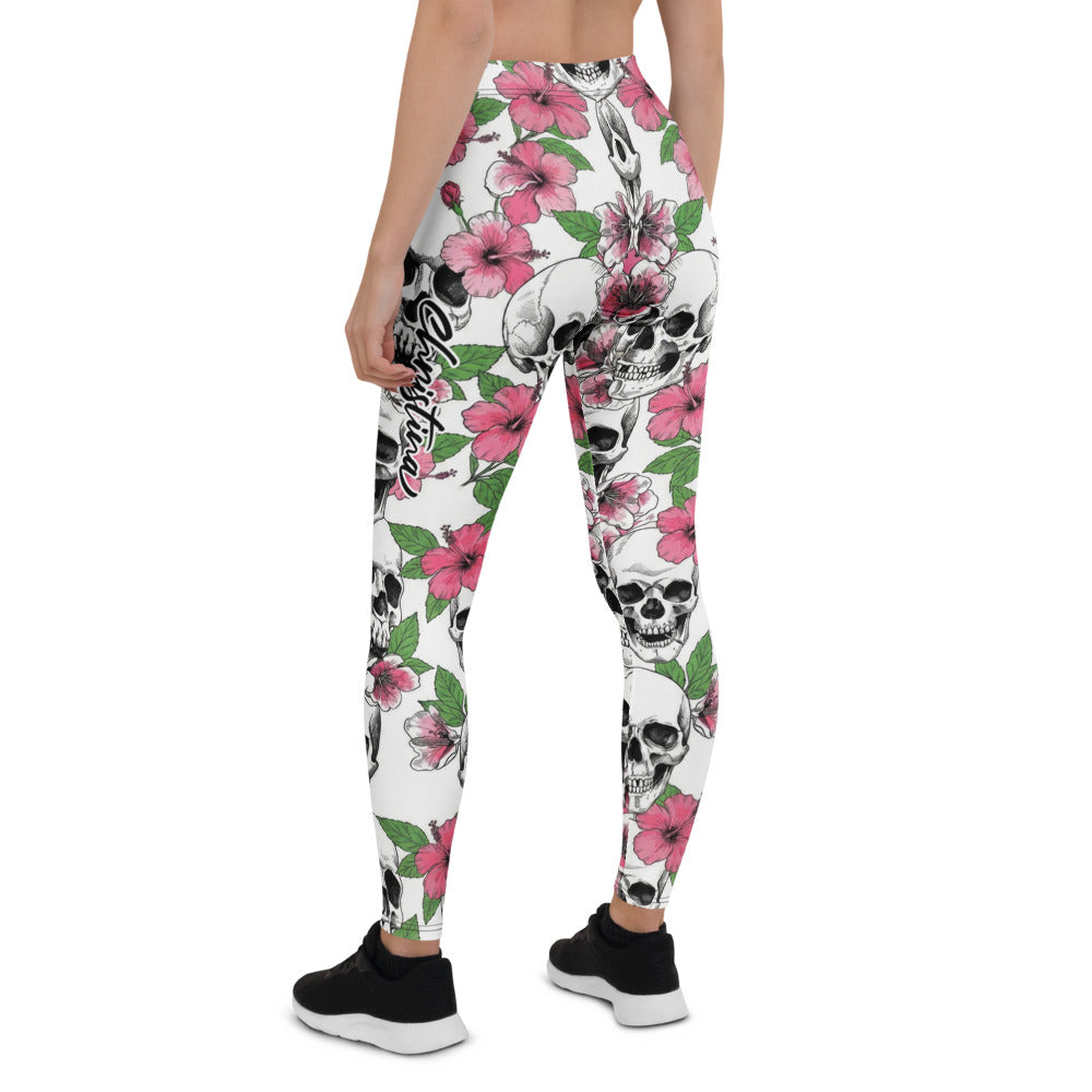 Personalisierte Damen Sportleggings Totenkopf & Hibiskus Muster Weiß Pink Fitness Yoga Leggings G884