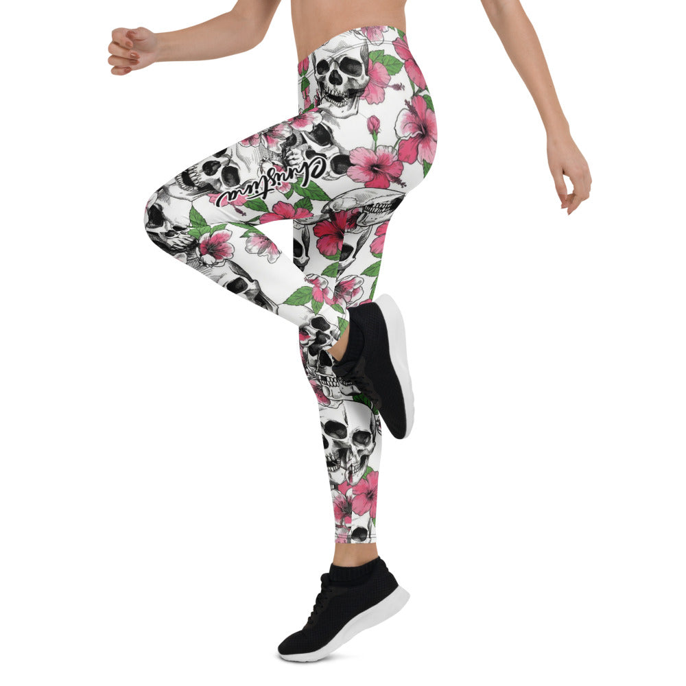 Personalisierte Damen Sportleggings Totenkopf & Hibiskus Muster Weiß Pink Fitness Yoga Leggings G884