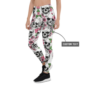 Personalisierte Damen Sportleggings Totenkopf & Hibiskus Muster Weiß Pink Fitness Yoga Leggings G884 - XL