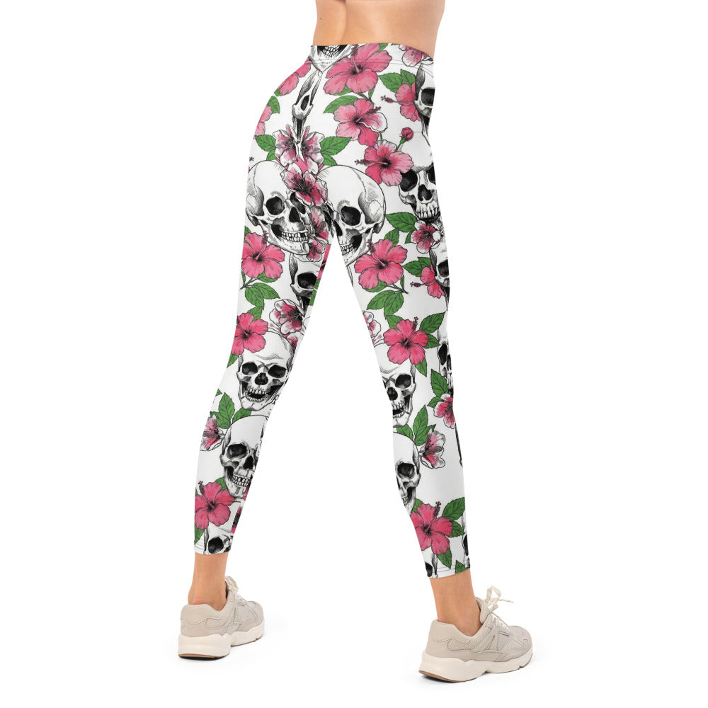 Personalisierte Damen Sportleggings Totenkopf & Hibiskus Muster Weiß Pink Fitness Yoga Leggings G884