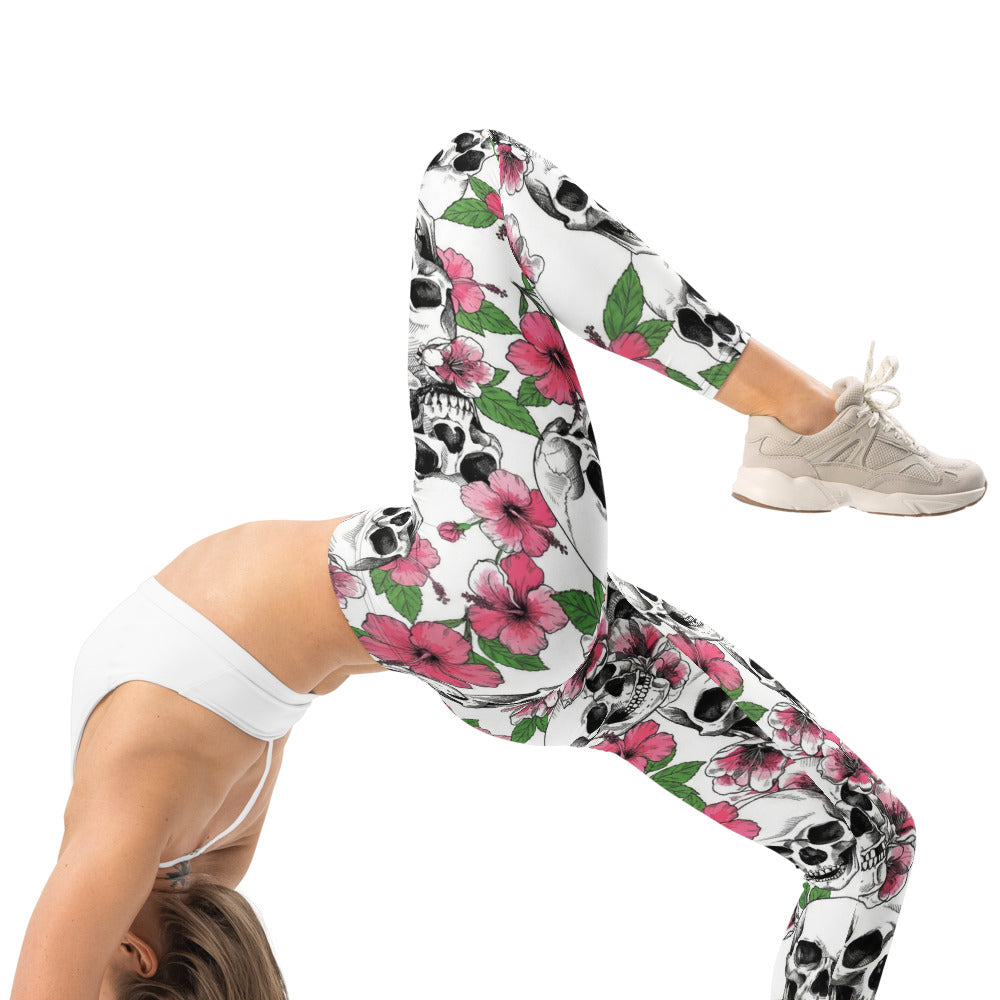 Personalisierte Damen Sportleggings Totenkopf & Hibiskus Muster Weiß Pink Fitness Yoga Leggings G884