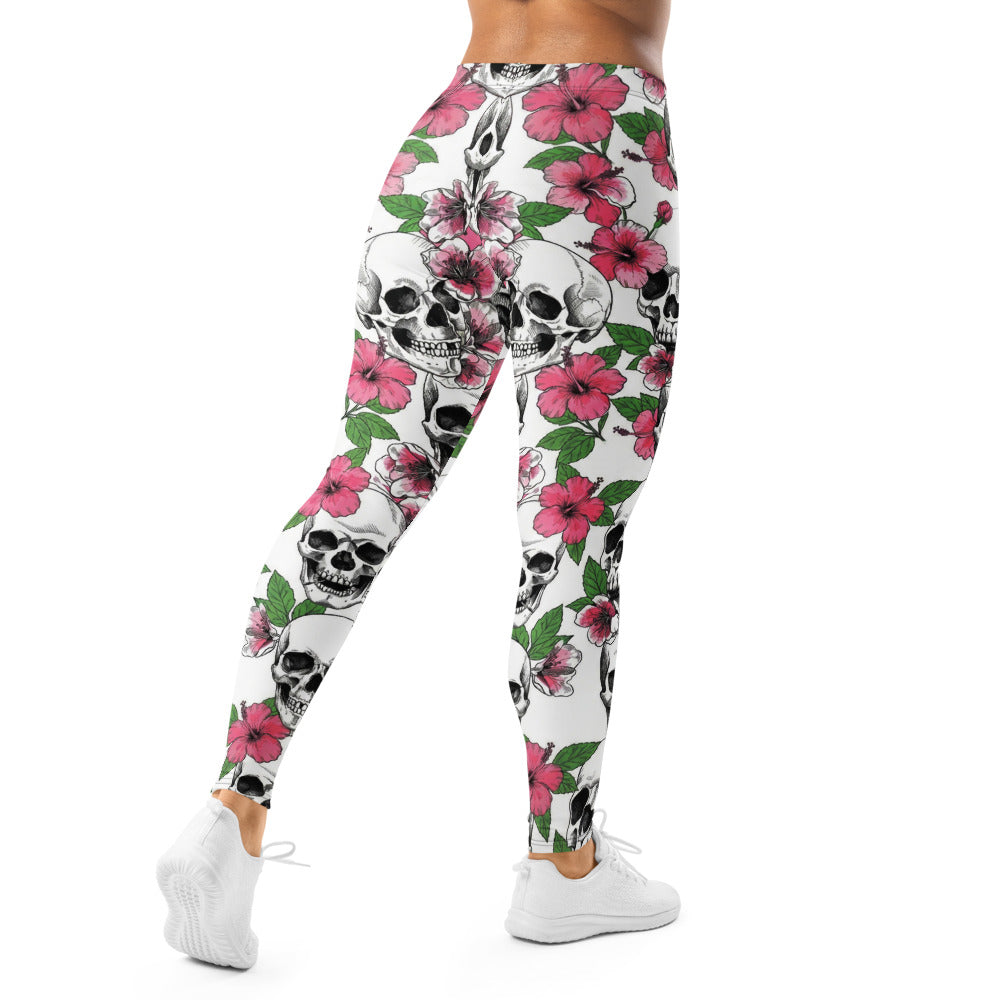 Personalisierte Damen Sportleggings Totenkopf & Hibiskus Muster Weiß Pink Fitness Yoga Leggings G884