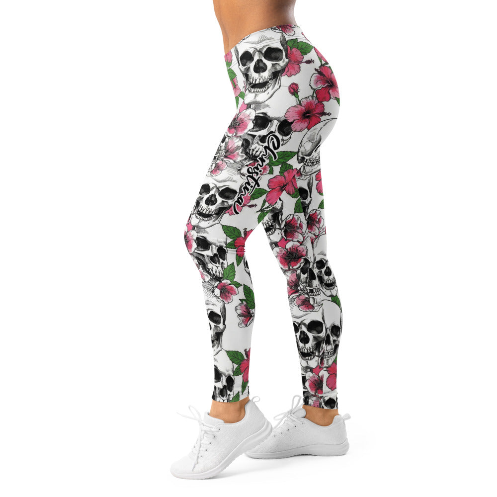 Personalisierte Damen Sportleggings Totenkopf & Hibiskus Muster Weiß Pink Fitness Yoga Leggings G884