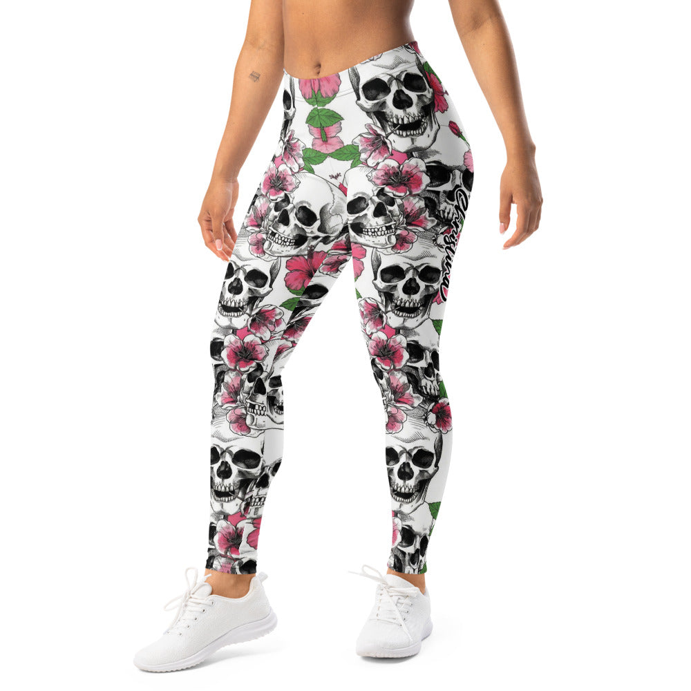 Personalisierte Damen Sportleggings Totenkopf & Hibiskus Muster Weiß Pink Fitness Yoga Leggings G884
