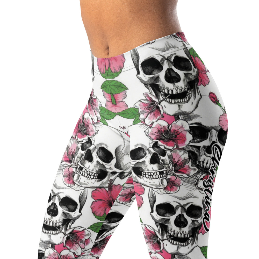 Personalisierte Damen Sportleggings Totenkopf & Hibiskus Muster Weiß Pink Fitness Yoga Leggings G884