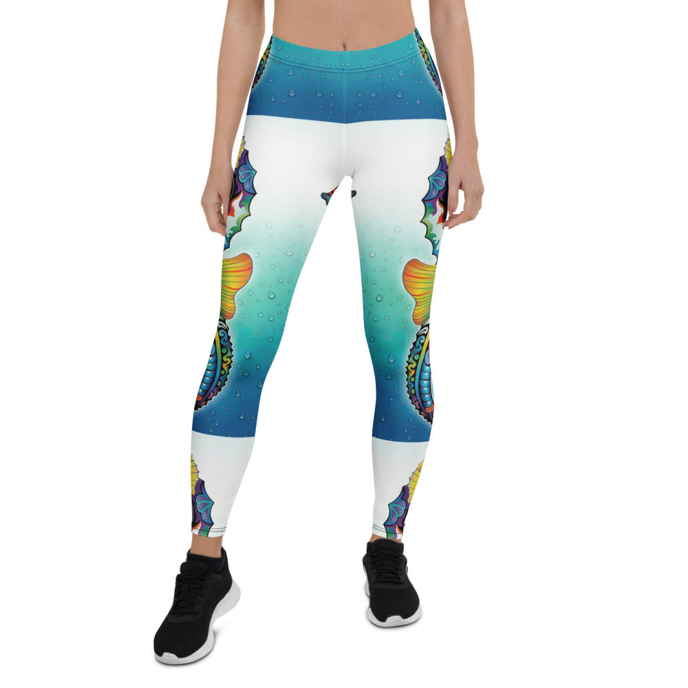 Personalisierte Damen Sportleggings Seepferdchen Motiv Blau Weiß Unterwasser Design Fitness Yoga Leggings S091