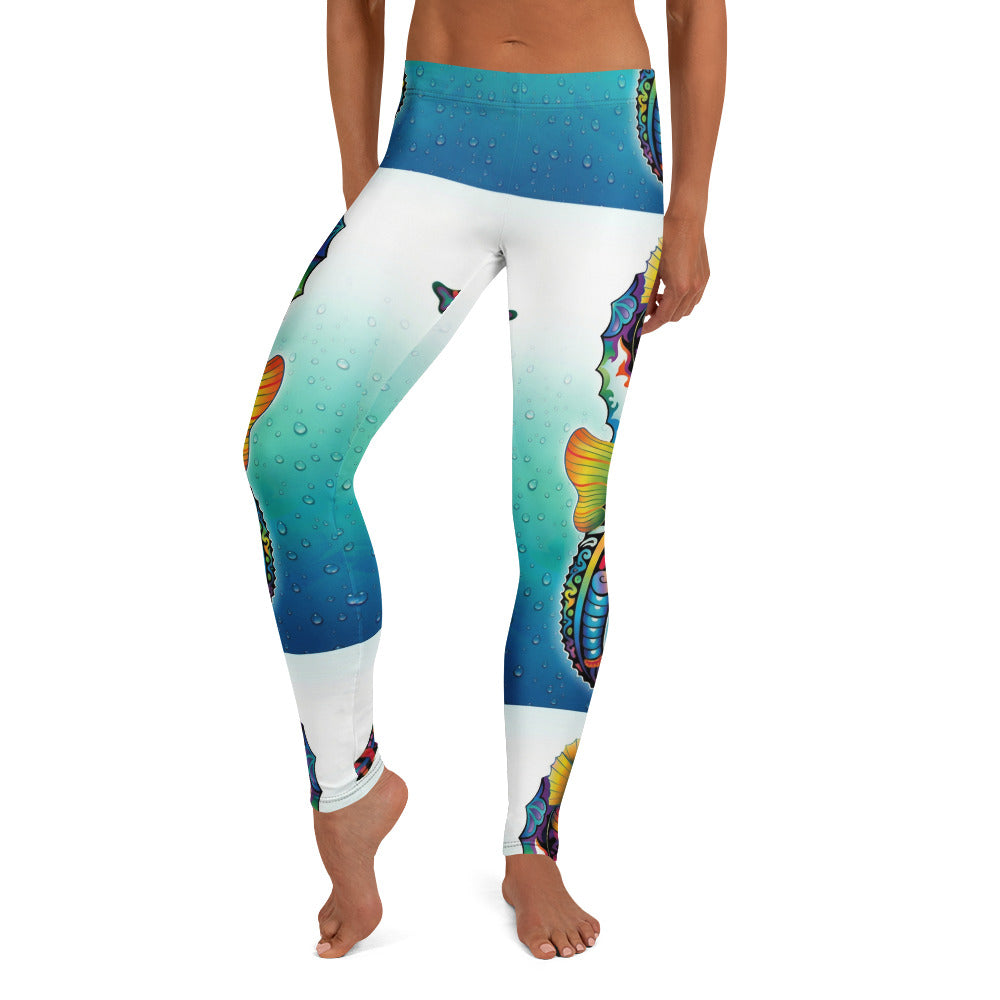 Personalisierte Damen Sportleggings Seepferdchen Motiv Blau Weiß Unterwasser Design Fitness Yoga Leggings S091