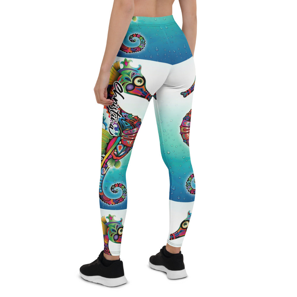 Personalisierte Damen Sportleggings Seepferdchen Motiv Blau Weiß Unterwasser Design Fitness Yoga Leggings S091