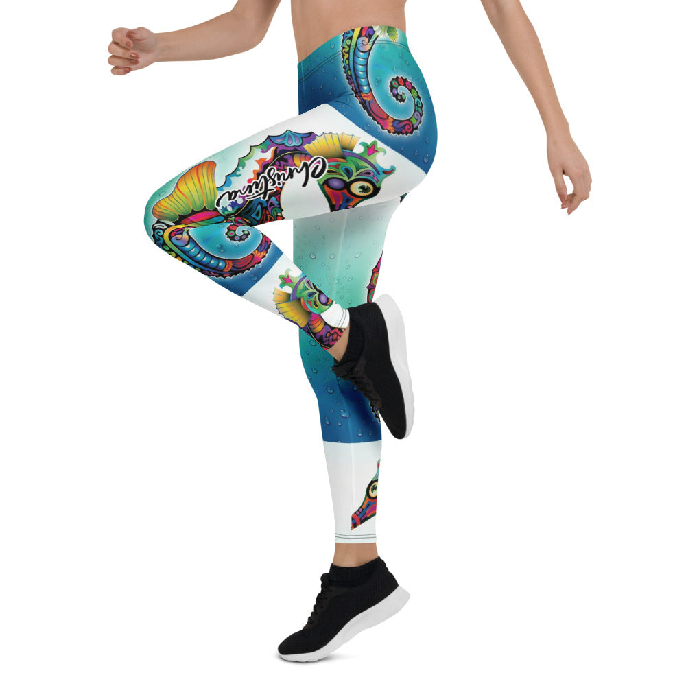 Personalisierte Damen Sportleggings Seepferdchen Motiv Blau Weiß Unterwasser Design Fitness Yoga Leggings S091