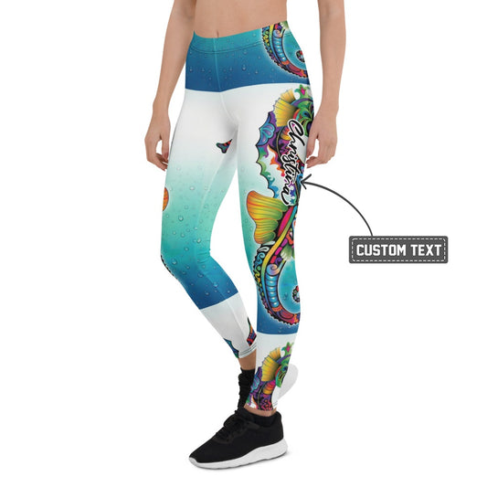 Personalisierte Damen Sportleggings Seepferdchen Motiv Blau Weiß Unterwasser Design Fitness Yoga Leggings S091 - XL