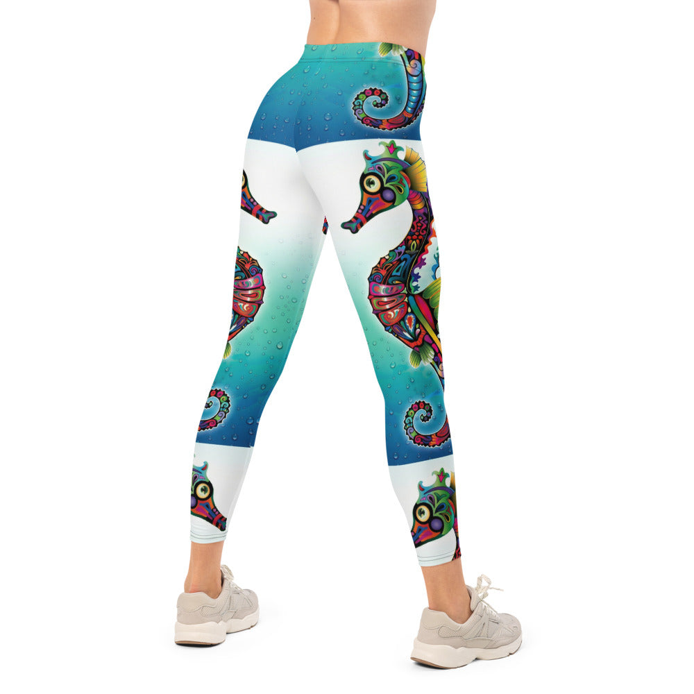 Personalisierte Damen Sportleggings Seepferdchen Motiv Blau Weiß Unterwasser Design Fitness Yoga Leggings S091