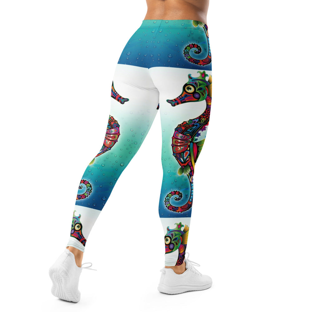Personalisierte Damen Sportleggings Seepferdchen Motiv Blau Weiß Unterwasser Design Fitness Yoga Leggings S091