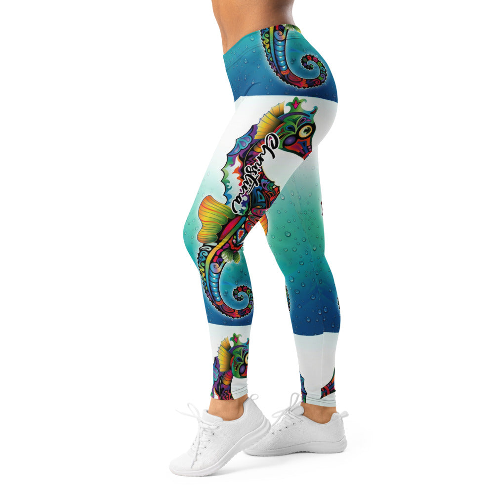 Personalisierte Damen Sportleggings Seepferdchen Motiv Blau Weiß Unterwasser Design Fitness Yoga Leggings S091