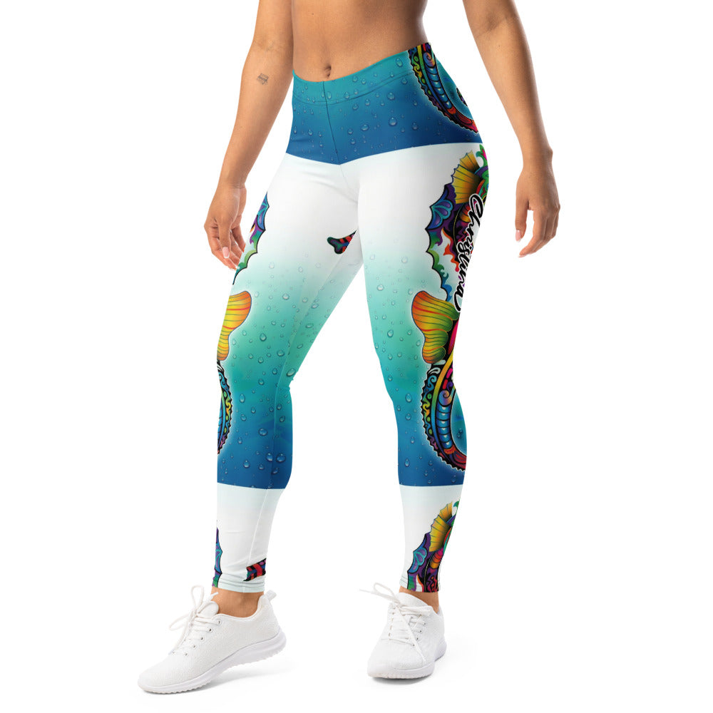 Personalisierte Damen Sportleggings Seepferdchen Motiv Blau Weiß Unterwasser Design Fitness Yoga Leggings S091