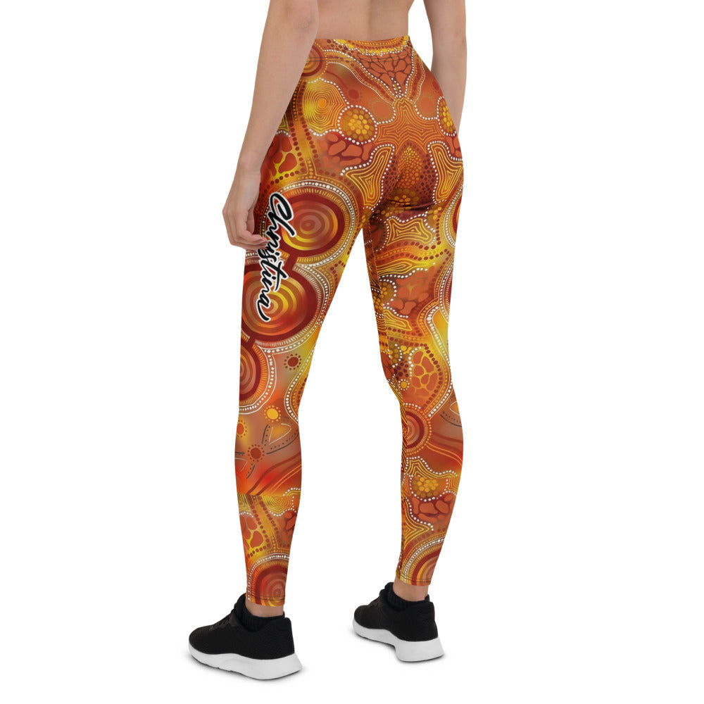 Personalisierte Damen Sportleggings Aboriginal Design Orange Rot Fitness Yoga Leggings Bunt Z403