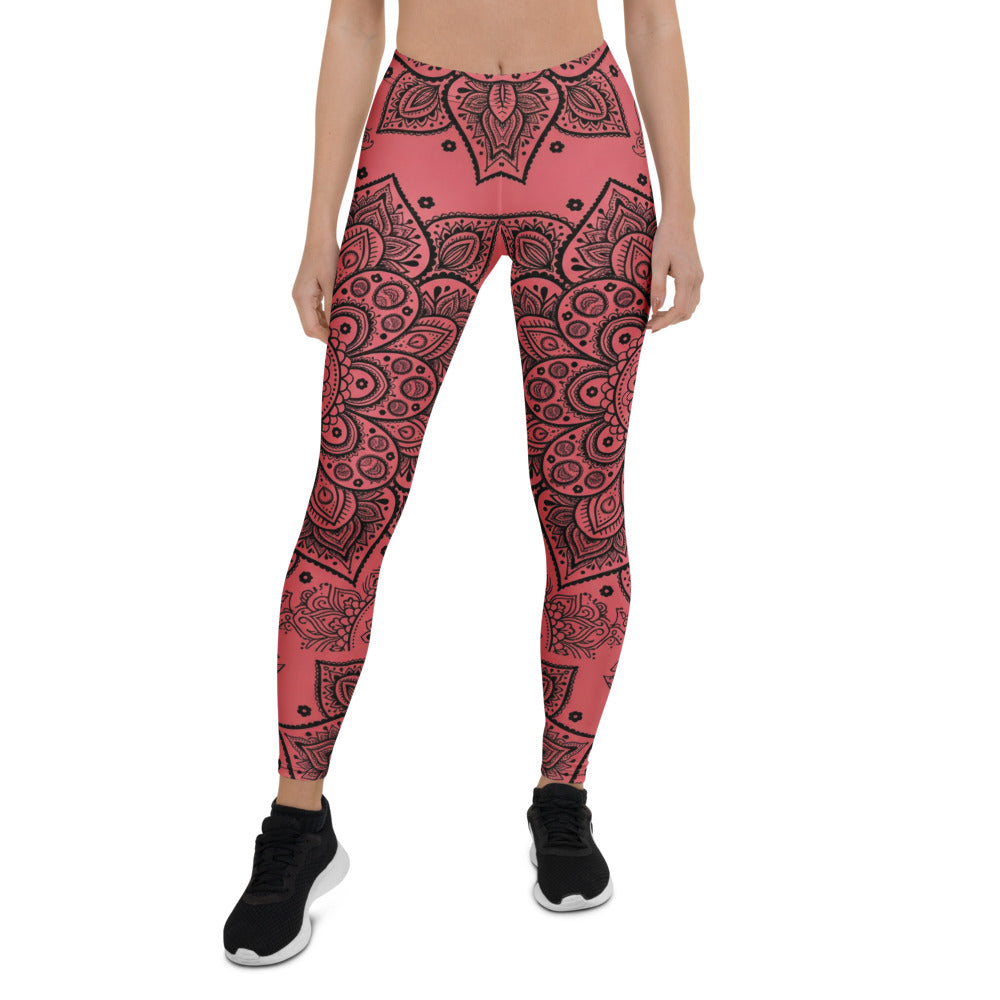 Personalisierte Damen Yoga Leggings Mandala Ornament Muster Schwarz Rot Fitness Sportleggings N971