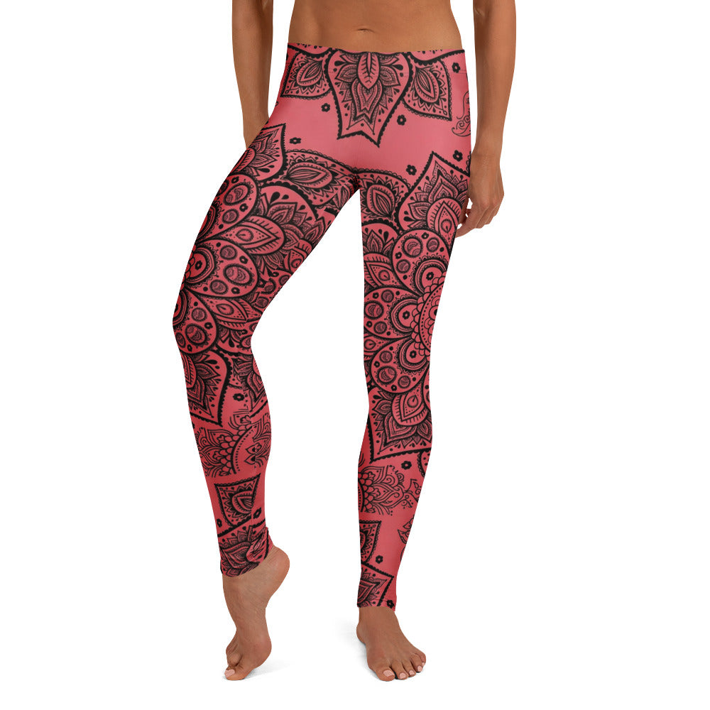 Personalisierte Damen Yoga Leggings Mandala Ornament Muster Schwarz Rot Fitness Sportleggings N971