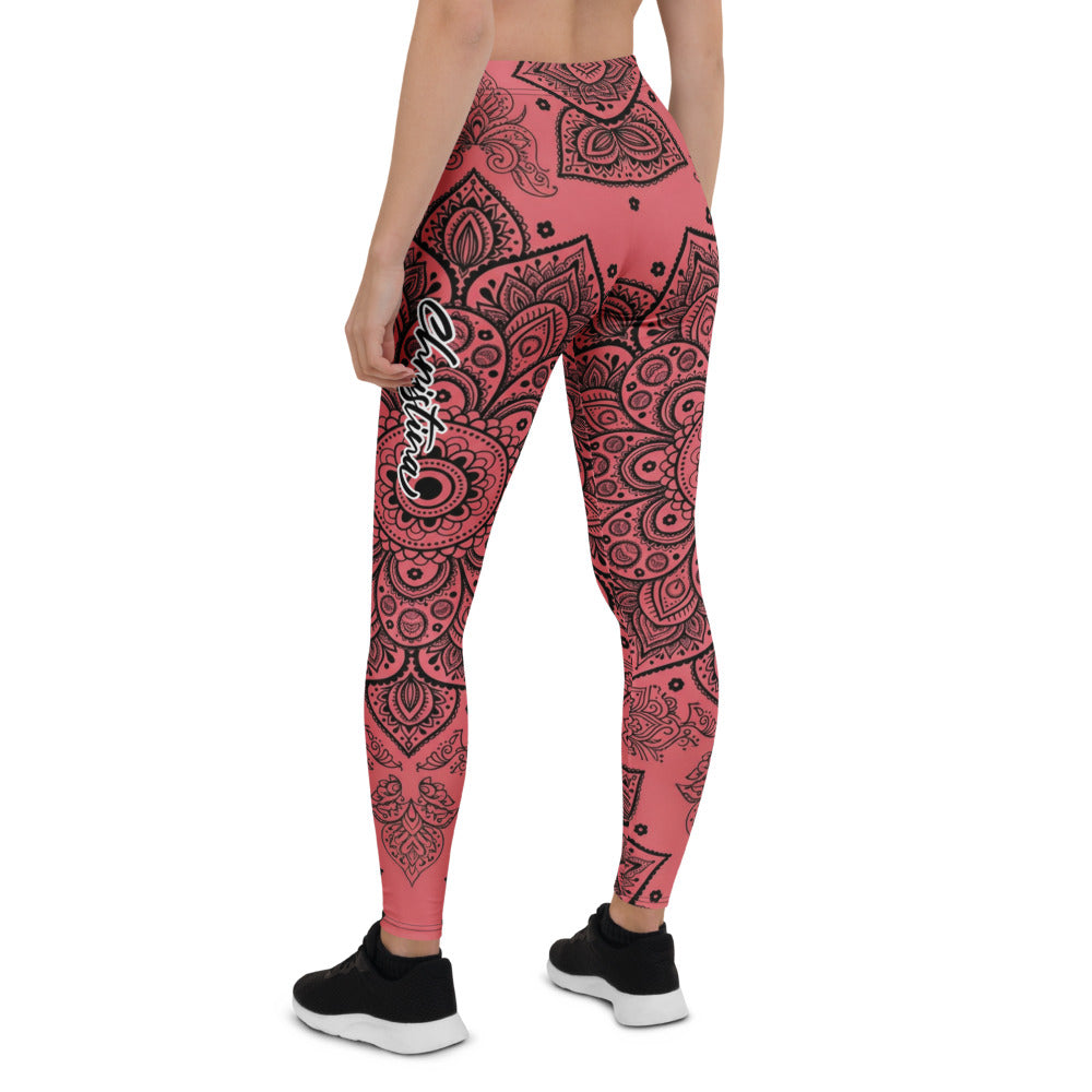 Personalisierte Damen Yoga Leggings Mandala Ornament Muster Schwarz Rot Fitness Sportleggings N971