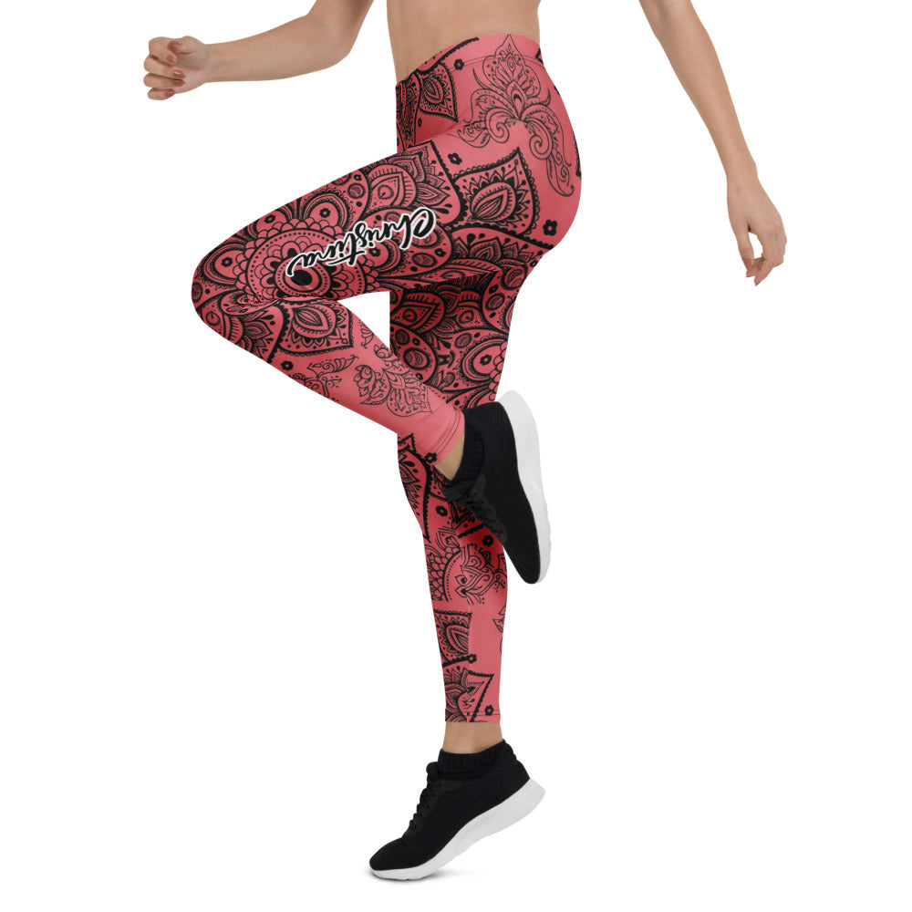Personalisierte Damen Yoga Leggings Mandala Ornament Muster Schwarz Rot Fitness Sportleggings N971