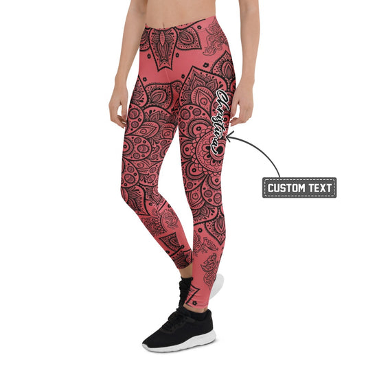 Personalisierte Damen Yoga Leggings Mandala Ornament Muster Schwarz Rot Fitness Sportleggings N971 - XL