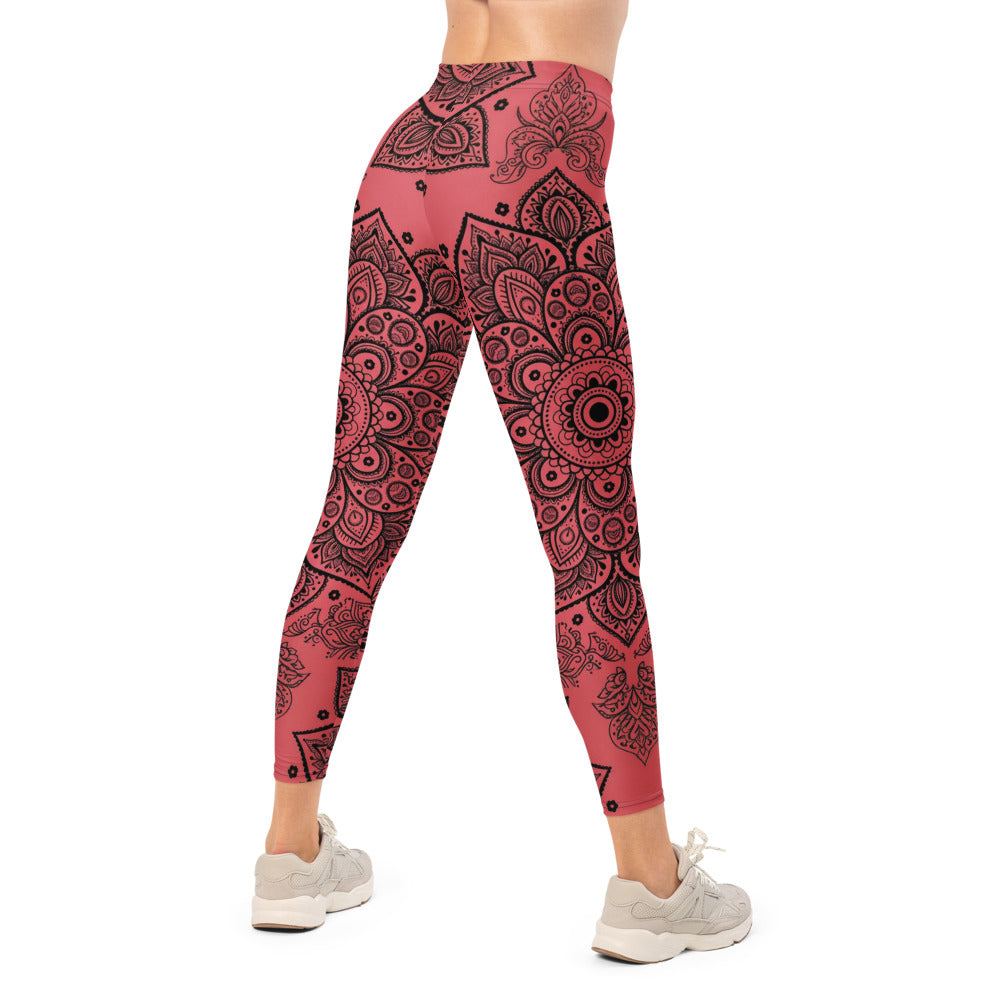 Personalisierte Damen Yoga Leggings Mandala Ornament Muster Schwarz Rot Fitness Sportleggings N971