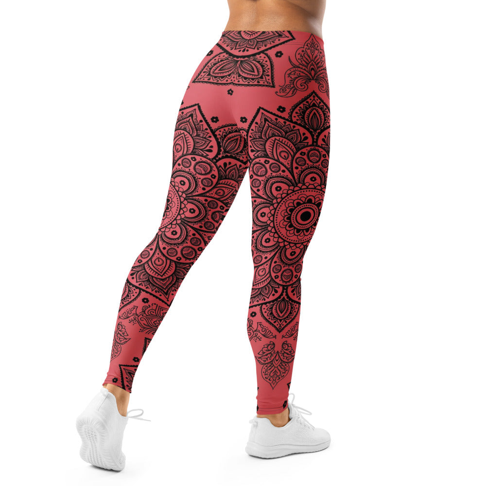 Personalisierte Damen Yoga Leggings Mandala Ornament Muster Schwarz Rot Fitness Sportleggings N971