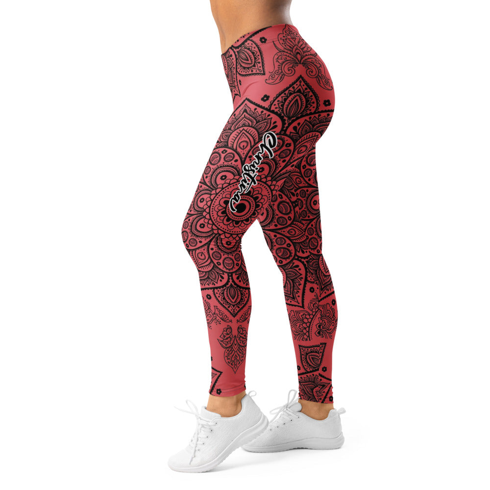 Personalisierte Damen Yoga Leggings Mandala Ornament Muster Schwarz Rot Fitness Sportleggings N971