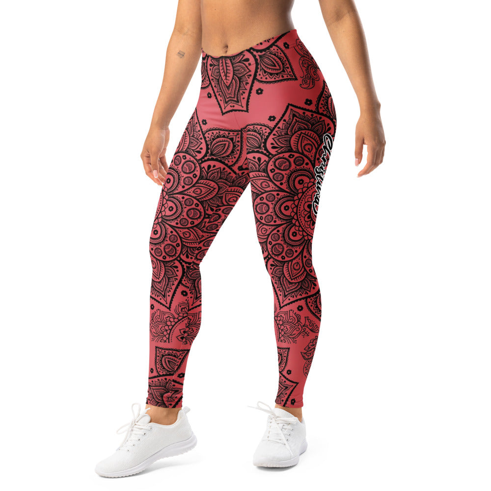 Personalisierte Damen Yoga Leggings Mandala Ornament Muster Schwarz Rot Fitness Sportleggings N971