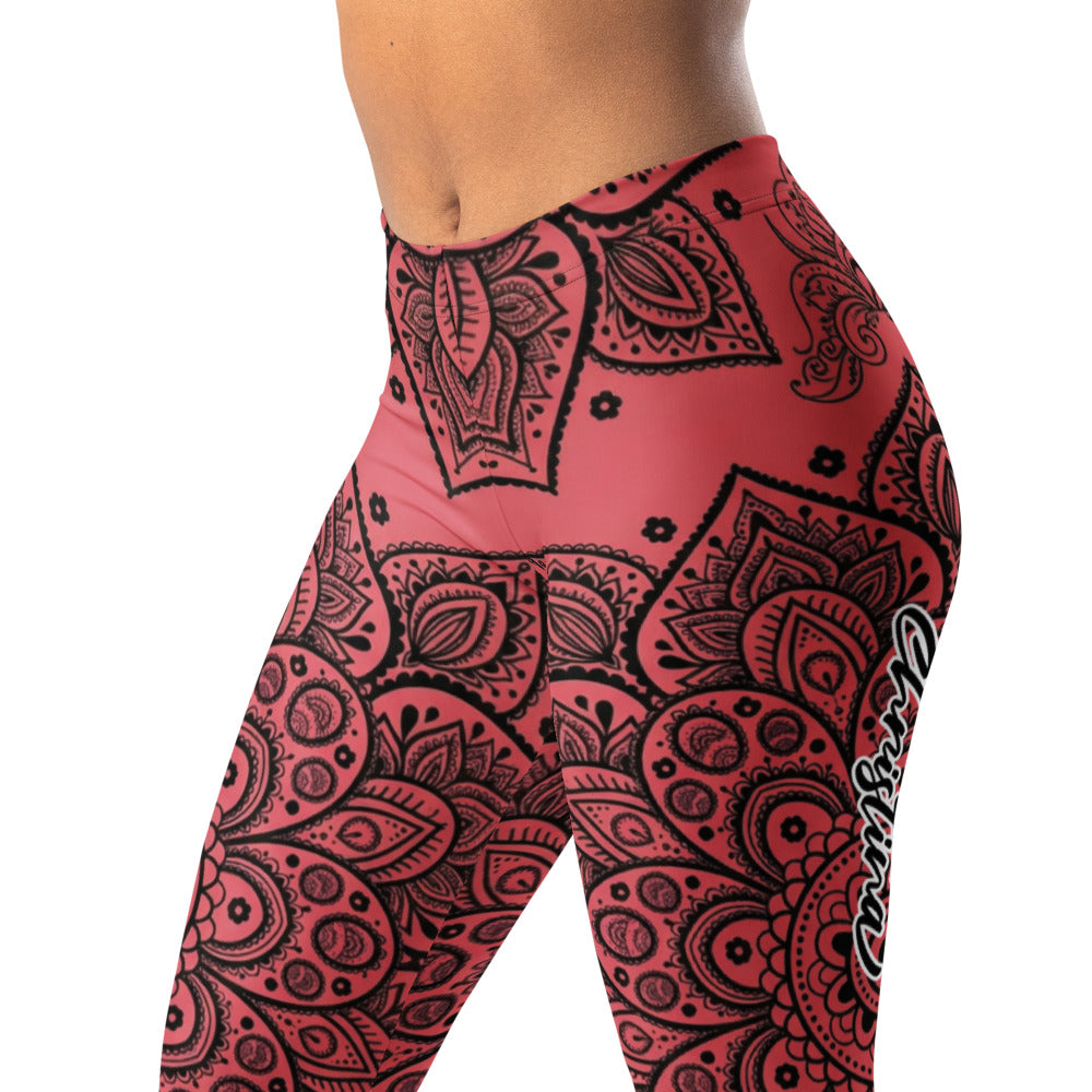 Personalisierte Damen Yoga Leggings Mandala Ornament Muster Schwarz Rot Fitness Sportleggings N971