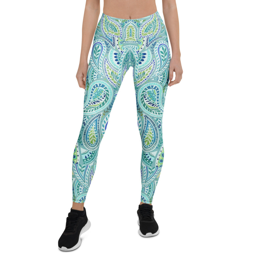 Personalisierte Damen Sportleggings Paisley Muster Blau Türkis Grün Fitness Leggings Yoga Hose Y701