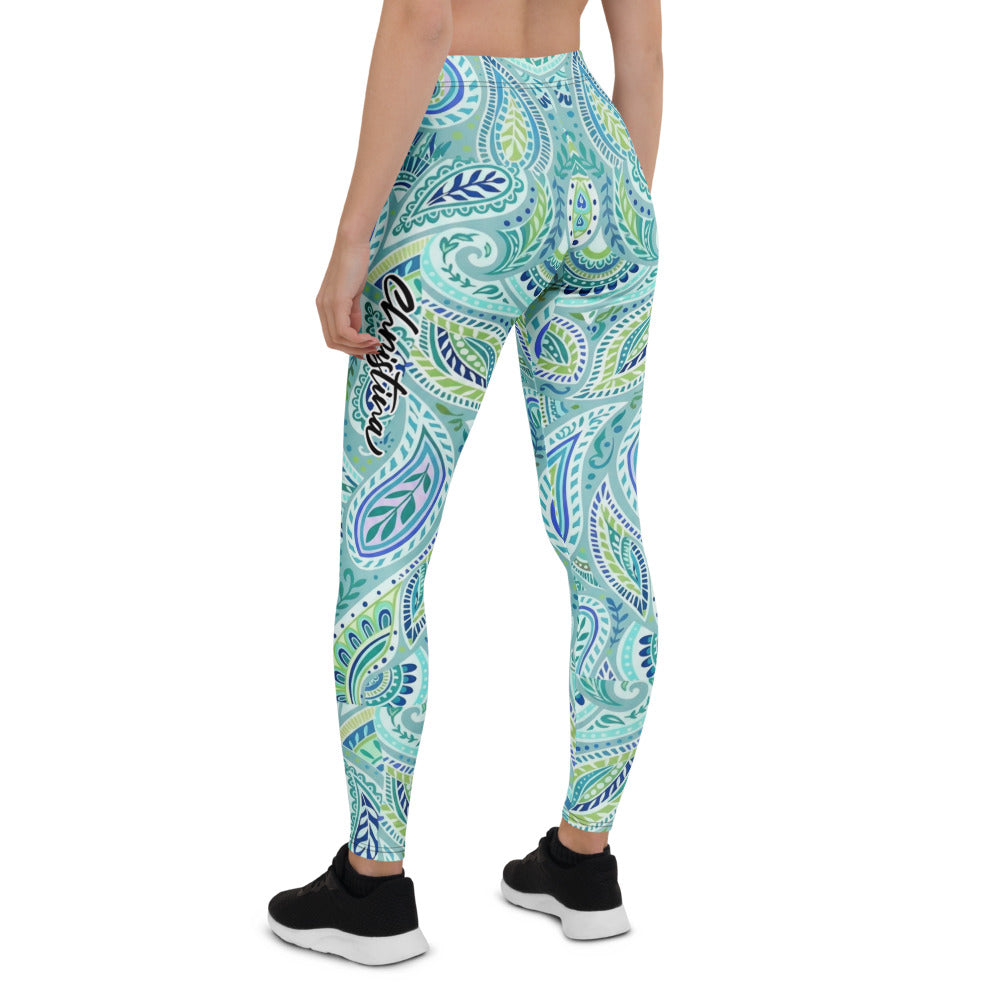 Personalisierte Damen Sportleggings Paisley Muster Blau Türkis Grün Fitness Leggings Yoga Hose Y701