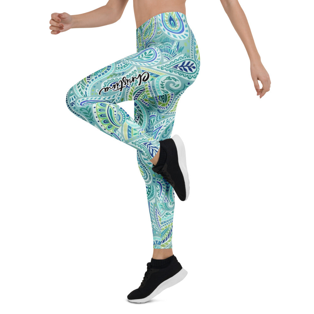 Personalisierte Damen Sportleggings Paisley Muster Blau Türkis Grün Fitness Leggings Yoga Hose Y701