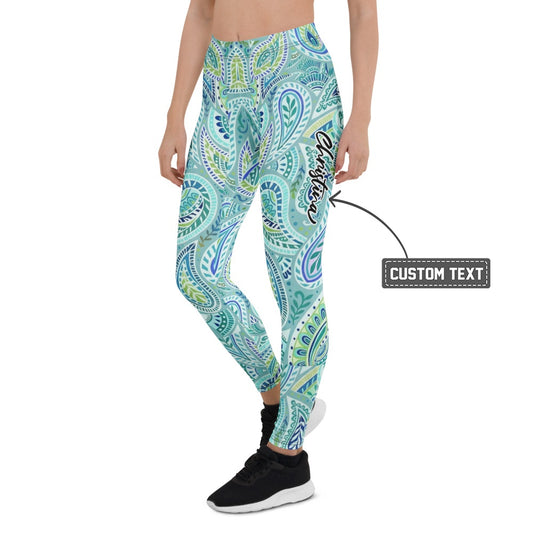 Personalisierte Damen Sportleggings Paisley Muster Blau Türkis Grün Fitness Leggings Yoga Hose Y701 - XL