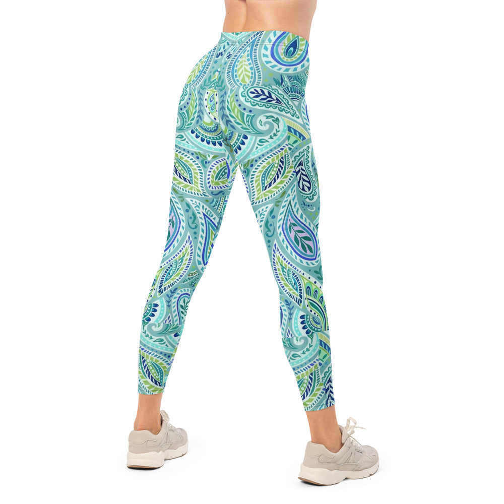 Personalisierte Damen Sportleggings Paisley Muster Blau Türkis Grün Fitness Leggings Yoga Hose Y701