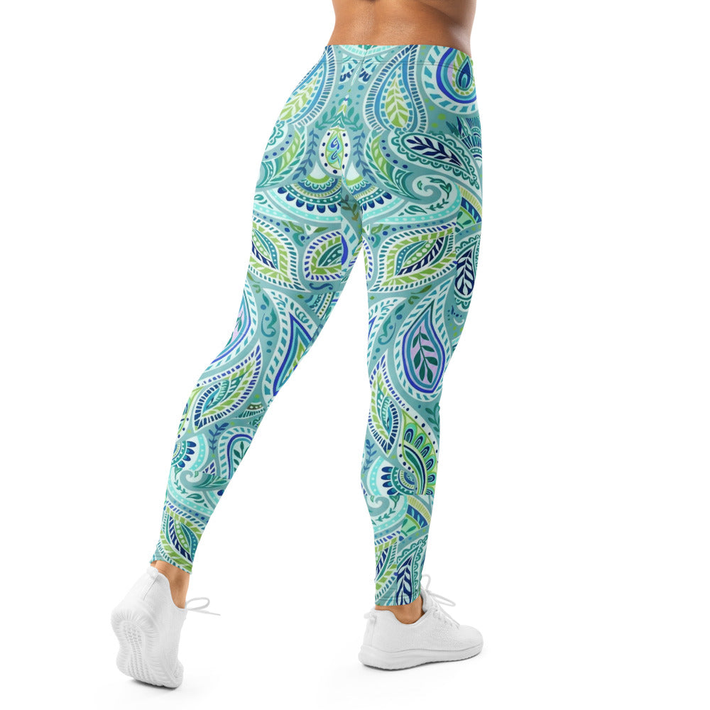 Personalisierte Damen Sportleggings Paisley Muster Blau Türkis Grün Fitness Leggings Yoga Hose Y701