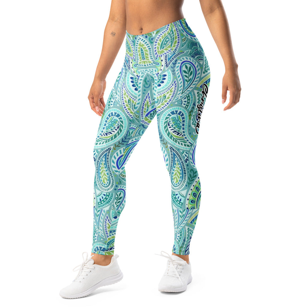 Personalisierte Damen Sportleggings Paisley Muster Blau Türkis Grün Fitness Leggings Yoga Hose Y701