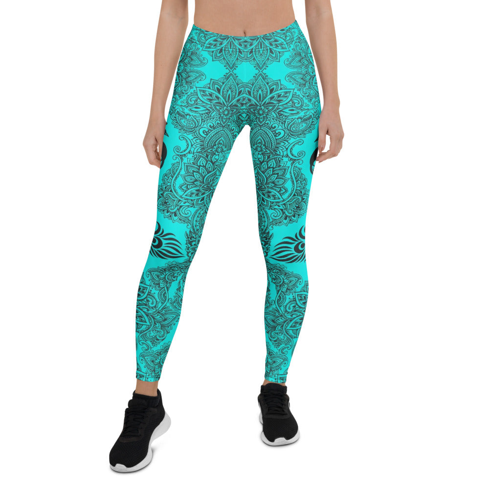 Personalisierte Damen Sportleggings Mandala Muster Türkis Schwarz Yoga Fitness Leggings L047
