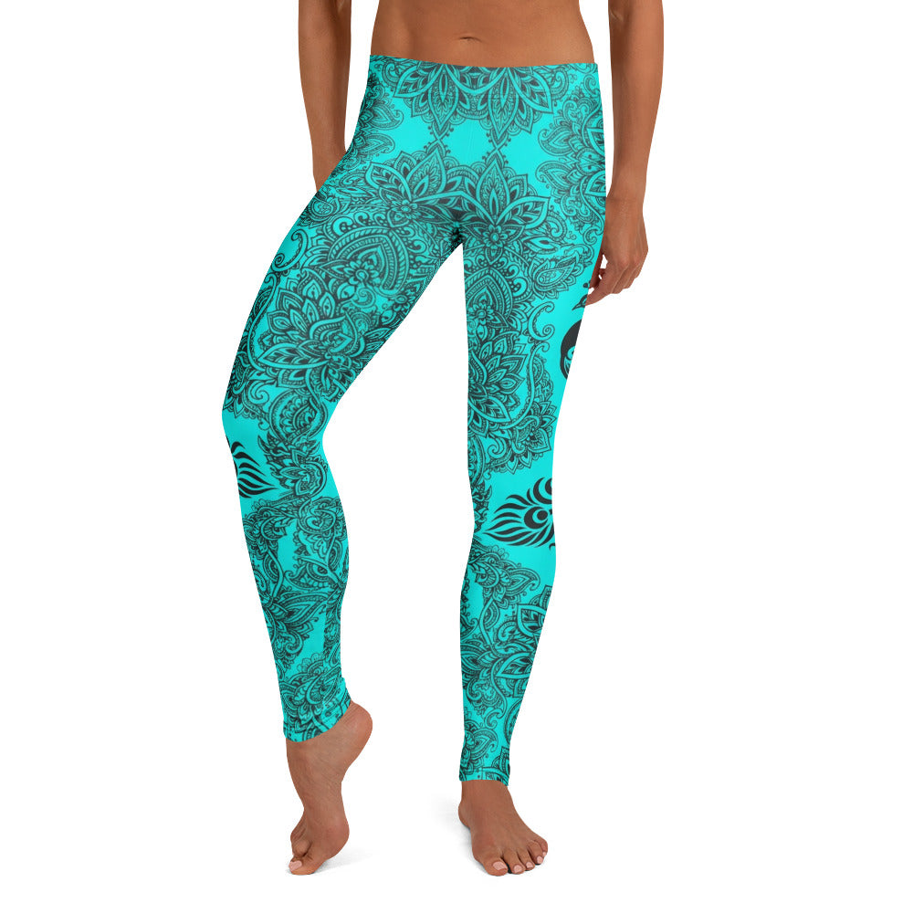 Personalisierte Damen Sportleggings Mandala Muster Türkis Schwarz Yoga Fitness Leggings L047