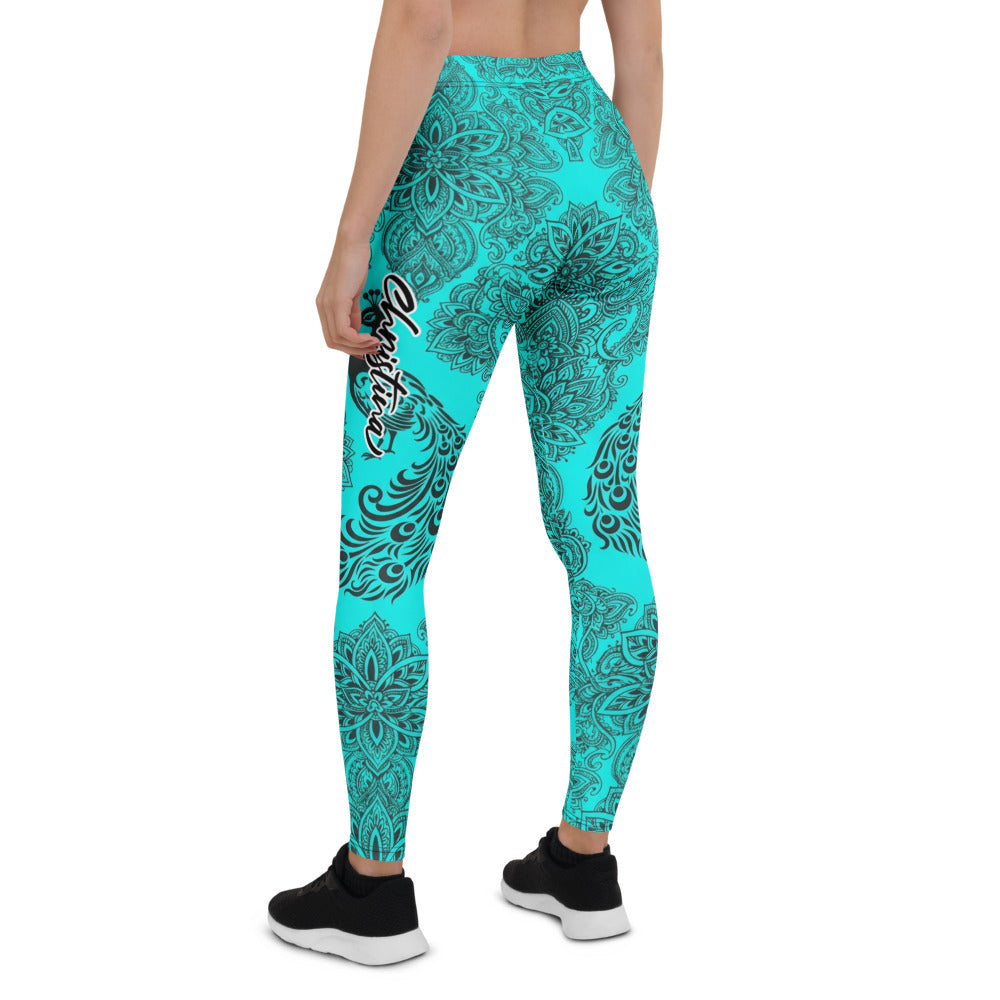 Personalisierte Damen Sportleggings Mandala Muster Türkis Schwarz Yoga Fitness Leggings L047