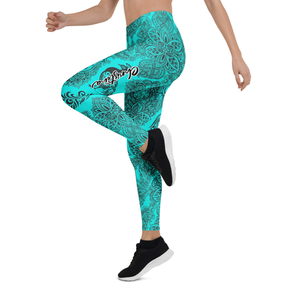 Personalisierte Damen Sportleggings Mandala Muster Türkis Schwarz Yoga Fitness Leggings L047
