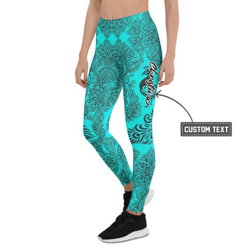 Personalisierte Damen Sportleggings Mandala Muster Türkis Schwarz Yoga Fitness Leggings L047 - XL