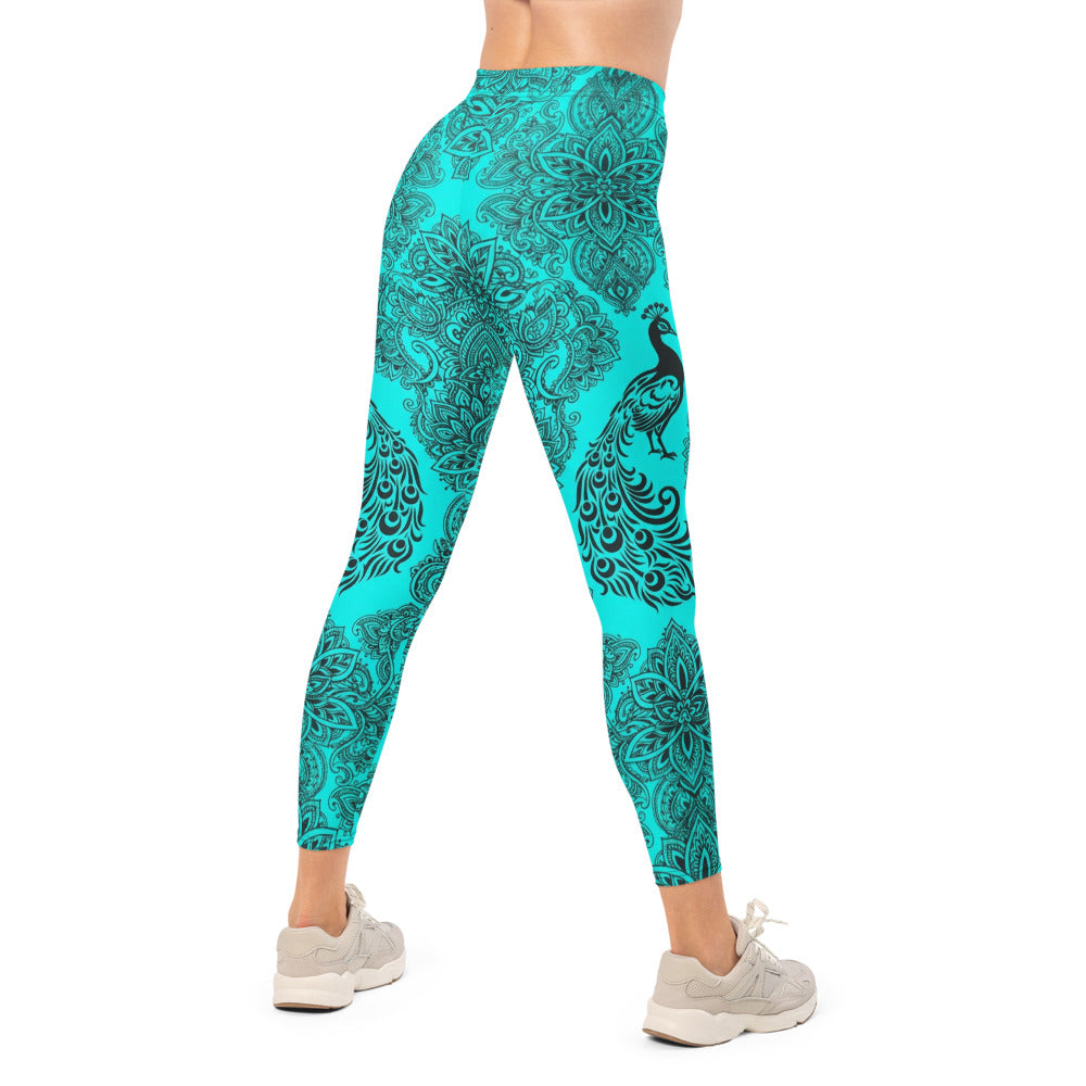 Personalisierte Damen Sportleggings Mandala Muster Türkis Schwarz Yoga Fitness Leggings L047