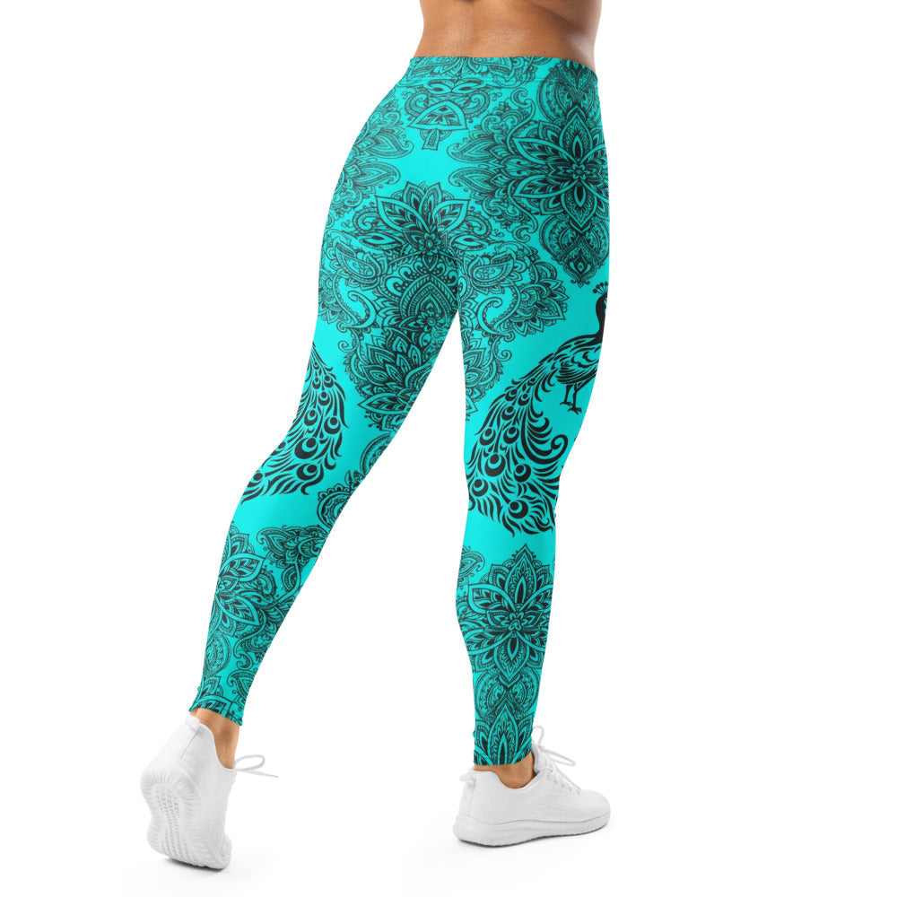 Personalisierte Damen Sportleggings Mandala Muster Türkis Schwarz Yoga Fitness Leggings L047