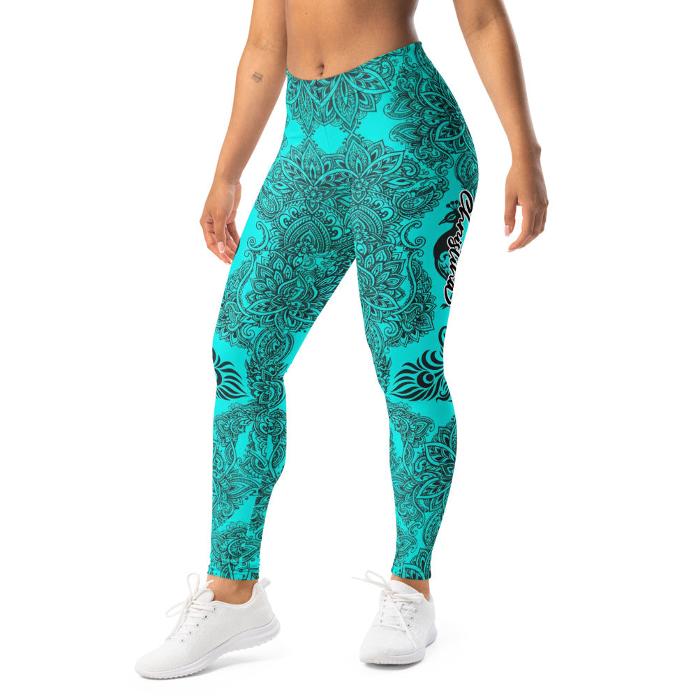 Personalisierte Damen Sportleggings Mandala Muster Türkis Schwarz Yoga Fitness Leggings L047
