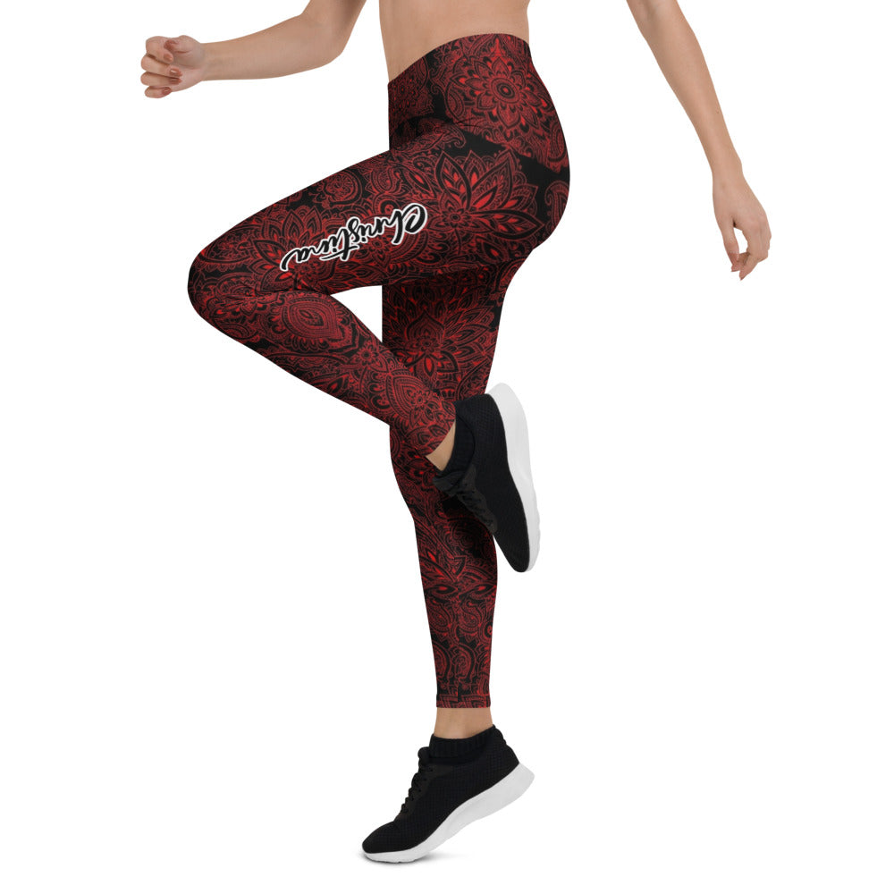 Personalisierte Damen Sportleggings Mandala Ornament Muster Schwarz Rot Fitness Yoga Leggings A823